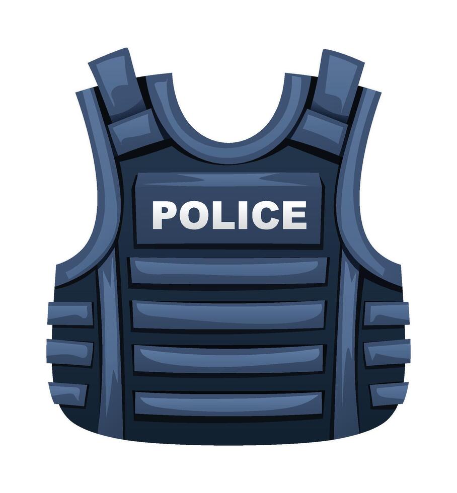 Police bulletproof vest, a protective garment worn by officers for safety during dangerous situations. Cartoon illustration vector