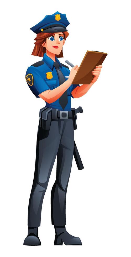 Female police officer writing on a clipboard, taking notes or issuing a warning. Cartoon character illustration vector