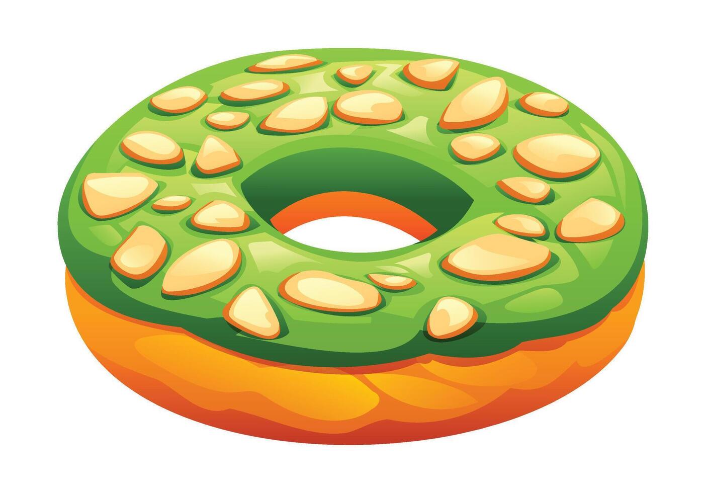 Delightful matcha frosted donut adorned with almond toppings, nutty and sweet dessert. Cartoon illustration vector