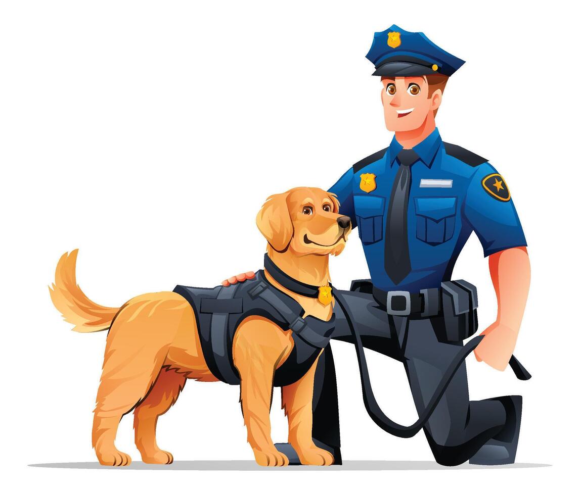 Police officer kneeling beside his Golden Retriever K9 partner, ready for public service. Cartoon illustration vector