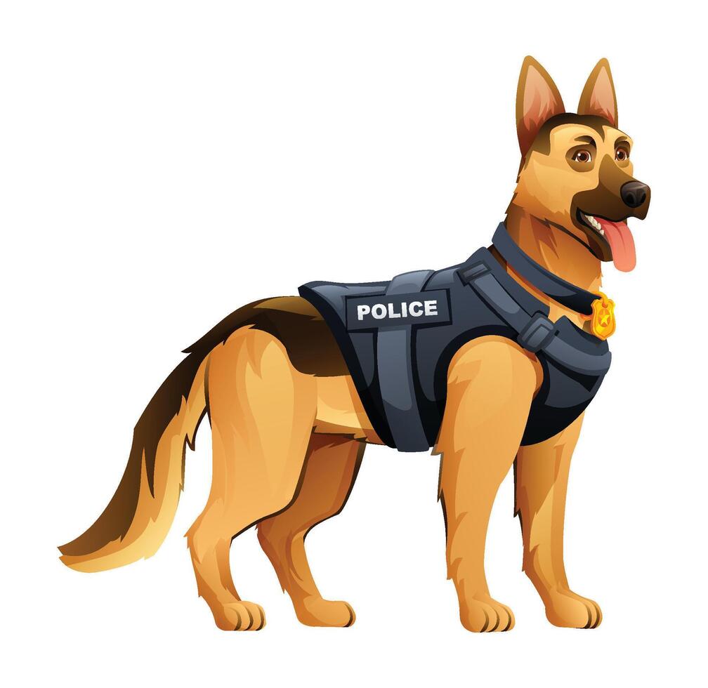 German Shepherd police dog wearing a police vest with a badge, ready for duty and protection. Cartoon illustration vector