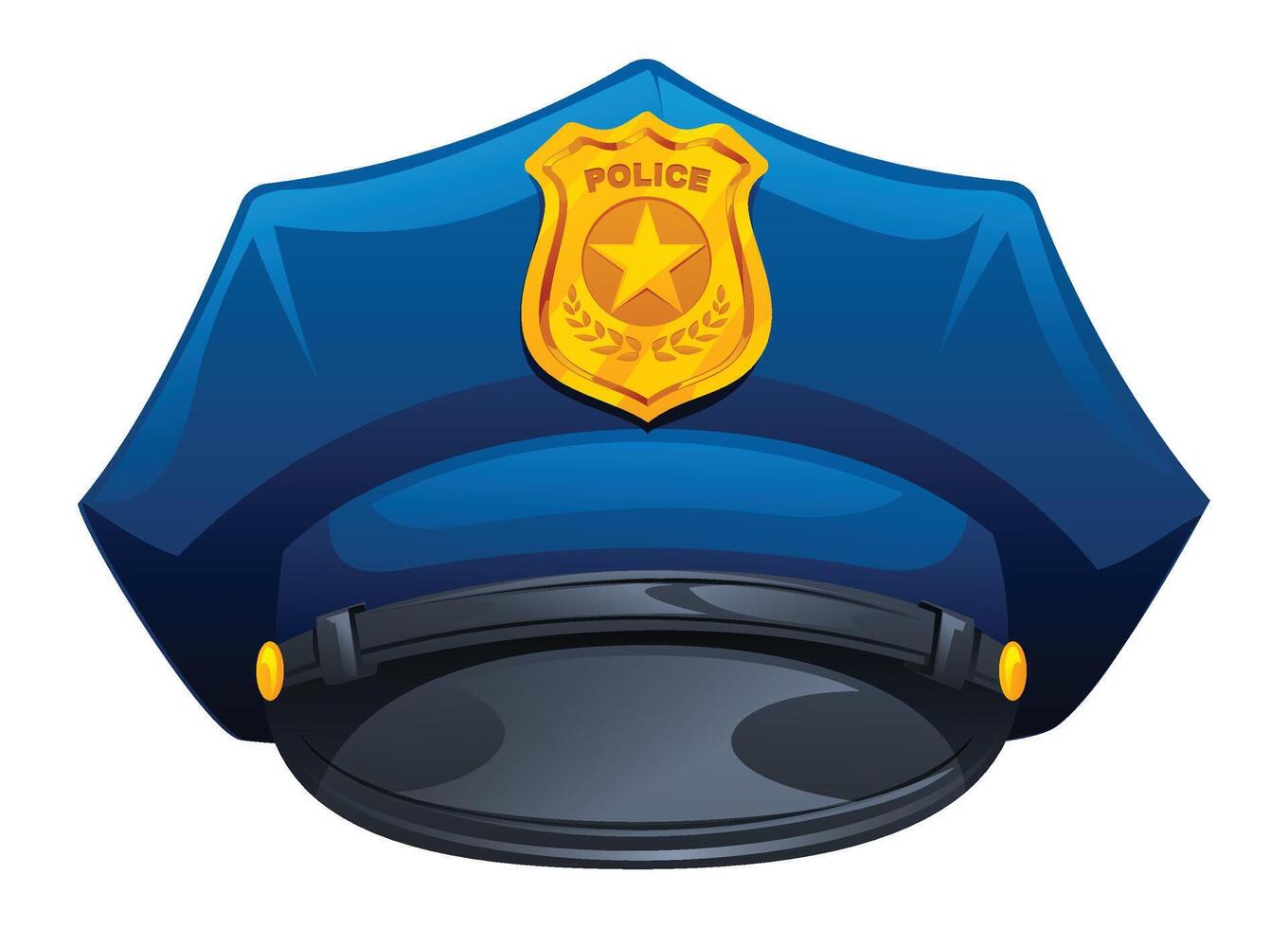 Police hat with a golden badge featuring a star, symbolizing law enforcement and authority. Cartoon illustration vector
