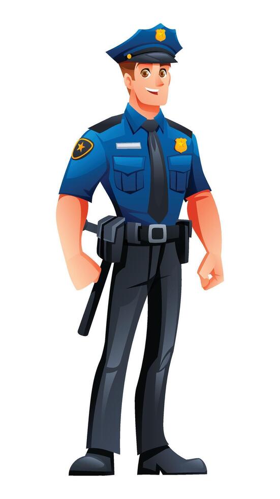 Police officer standing confidently in his uniform with a hat and badge. Cartoon character illustration vector