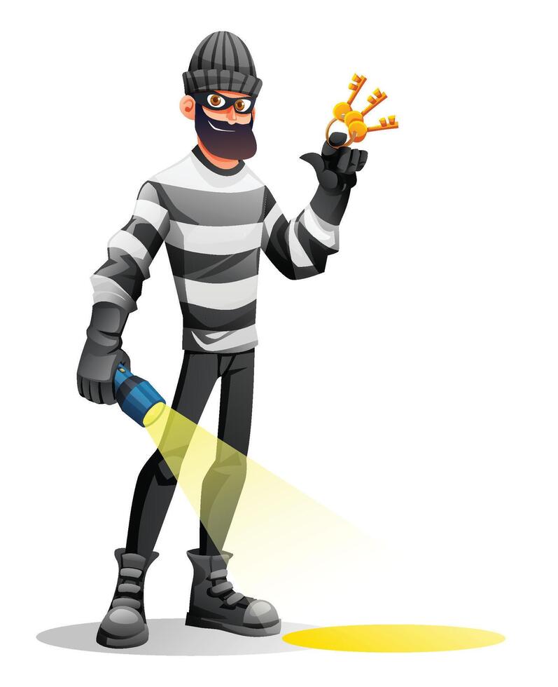 Thief in mask and striped clothes holding a flashlight and keys, concept of crime and breaking the law. Cartoon character illustration vector