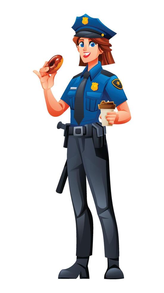 Female police officer enjoying donut and coffee with happy expression. Cartoon character illustration vector