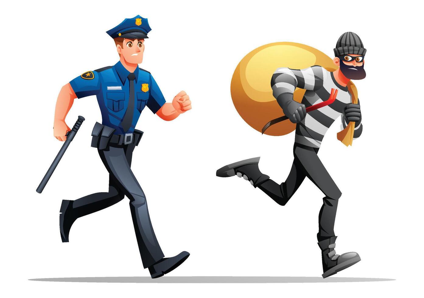 Police officer chasing a running robber holding a bag of stolen goods and a crowbar. Cartoon illustration vector