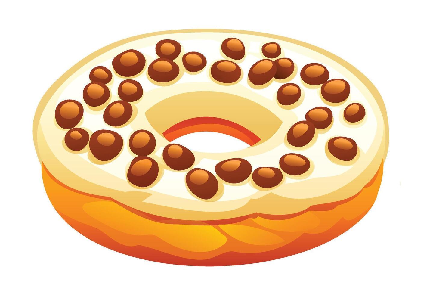 Delicious donut with vanilla icing and many chocolate chips. Cartoon illustration vector