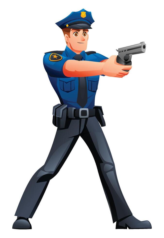 Police officer holding a handgun in a ready and defensive stance, ensuring public safety. Cartoon character illustration vector