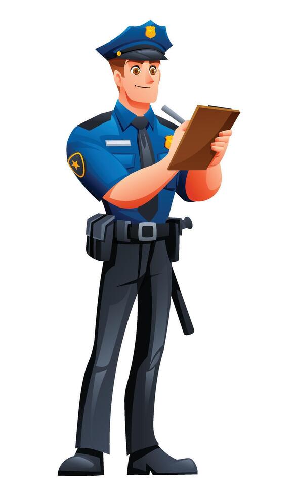 Police officer writing on a clipboard, documenting information or issuing a citation. Cartoon character illustration vector