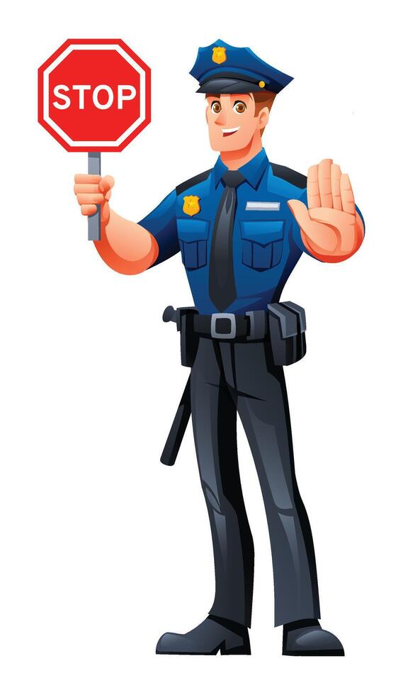 Police officer holding a stop sign and showing a stop gesture. Cartoon character illustration vector