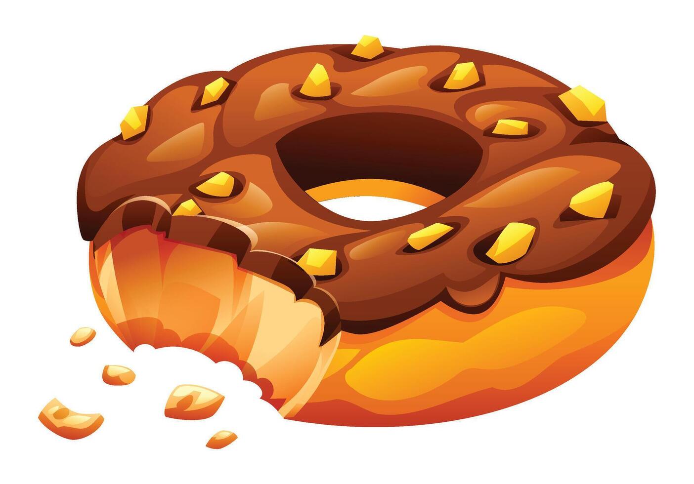 Delicious chocolate frosted donut with golden caramel chunks and missing bite, revealing its tasty inside. Cartoon illustration vector