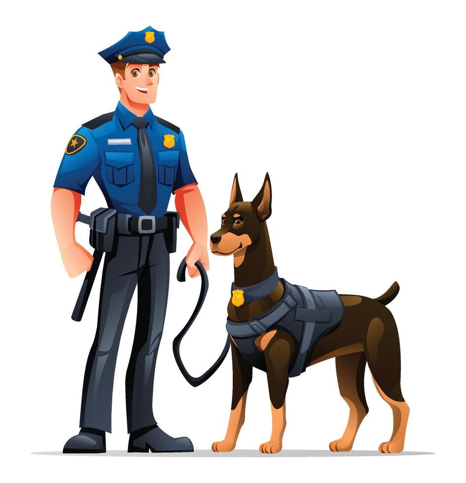 Police officer standing with his Doberman K9 partner, highlighting their dedicated partnership. Cartoon illustration vector