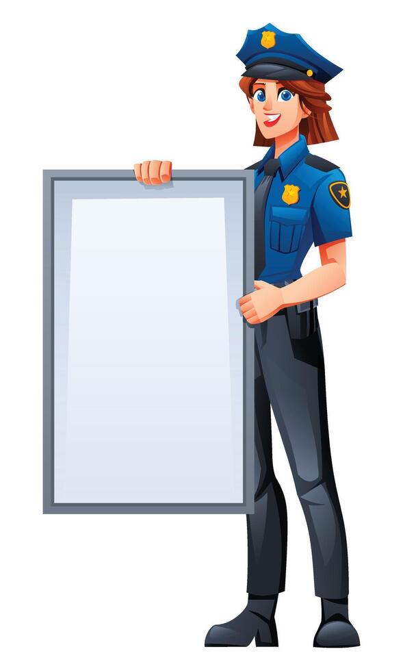 Female police officer holding a blank vertical white sign, ready for your custom message. Cartoon character illustration vector