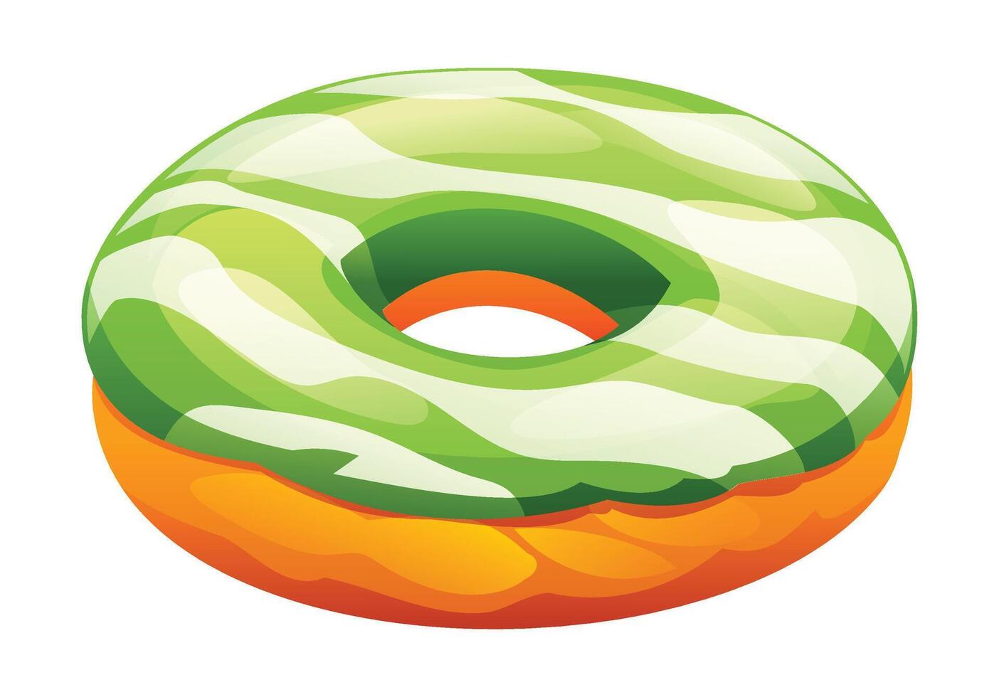 Matcha donut with white striped icing, fresh and appealing sweet treat. Cartoon illustration vector
