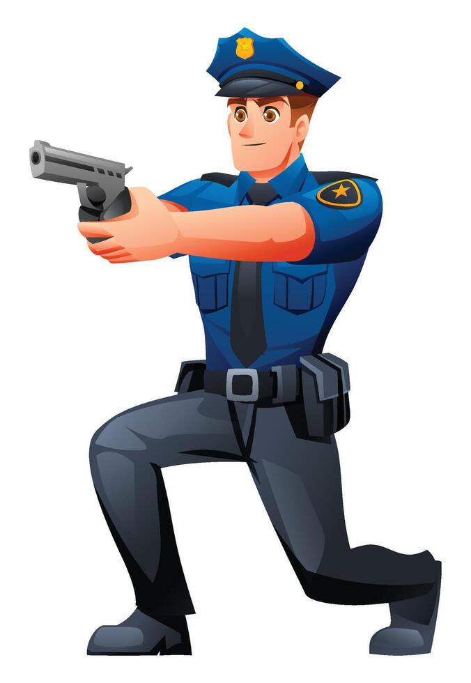 Police officer in a kneeling defensive position, holding a handgun and ready for action. Cartoon character illustration vector