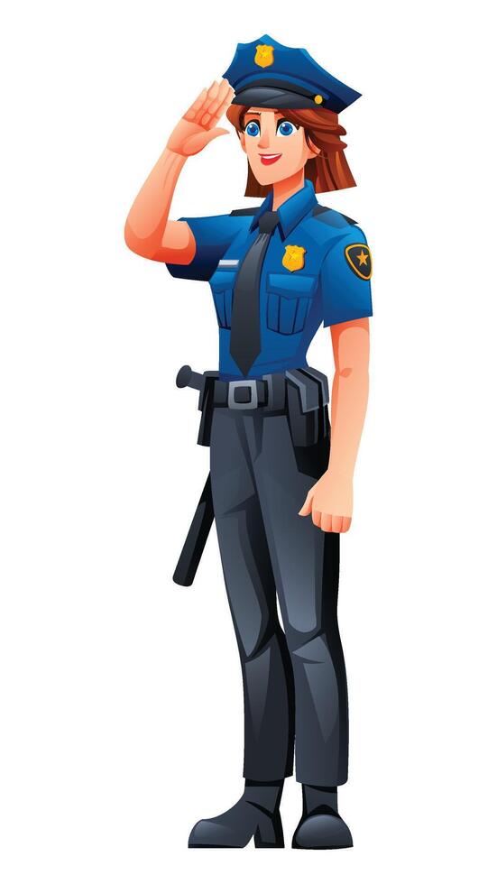 Female police officer standing and saluting, showing respect and professionalism in her duties. Cartoon character illustration vector