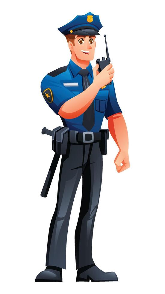 Police officer communicating with walkie-talkie. Cartoon character illustration vector