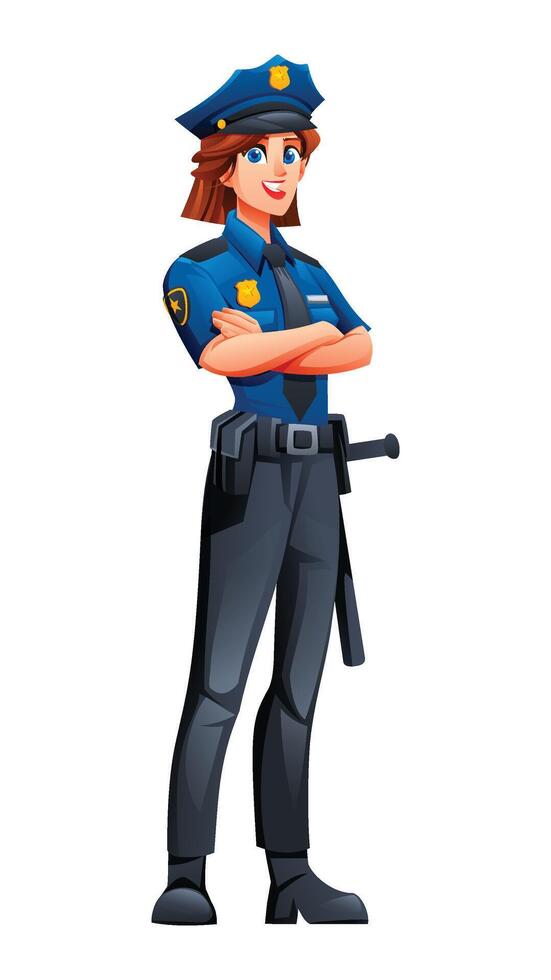 Female police officer in uniform with folded arms standing confidently. Cartoon character illustration vector