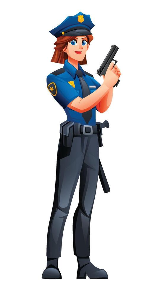 Female police officer holding a handgun in an upright position, demonstrating readiness for duty. Cartoon character illustration vector