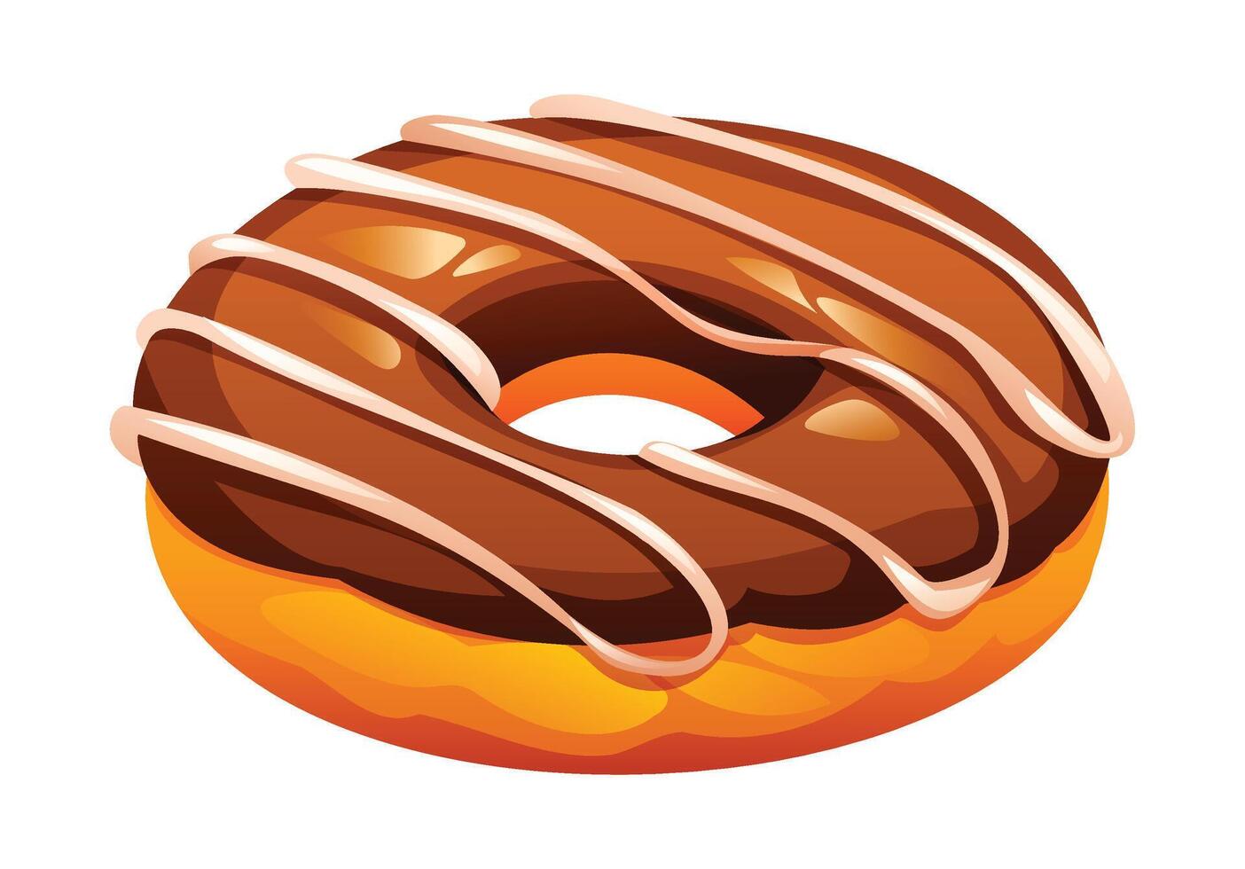 Delicious chocolate donut topped with elegant white icing stripes, a classic sweet treat for any occasion. Cartoon illustration vector