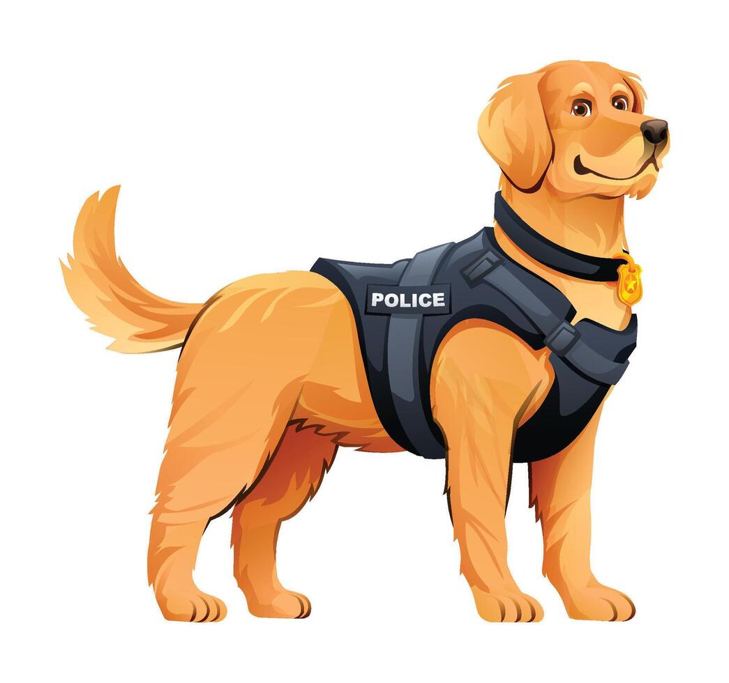 Golden Retriever police dog wearing a police vest with a badge, a friendly yet capable K9. Cartoon illustration vector