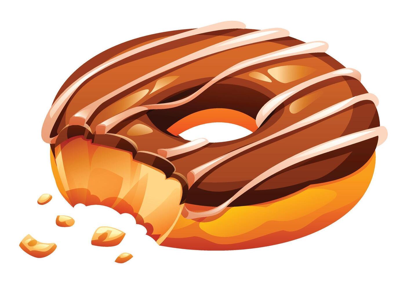 Tempting chocolate frosted donut with white icing stripes and missing bite, showing its delicious soft interior. Cartoon illustration vector