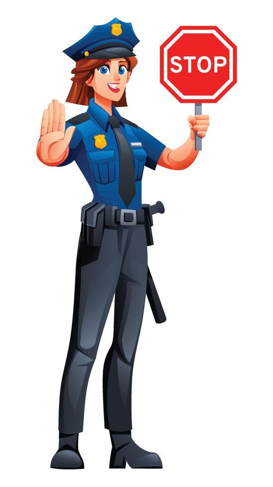 Female police officer holding a stop sign and showing a stop gesture. Cartoon character illustration vector
