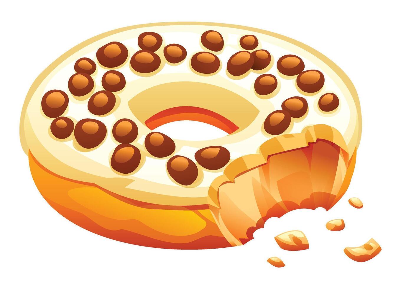 Delicious donut with vanilla icing and chocolate chips, with a bite taken out, crumbs falling from it. Cartoon illustration vector