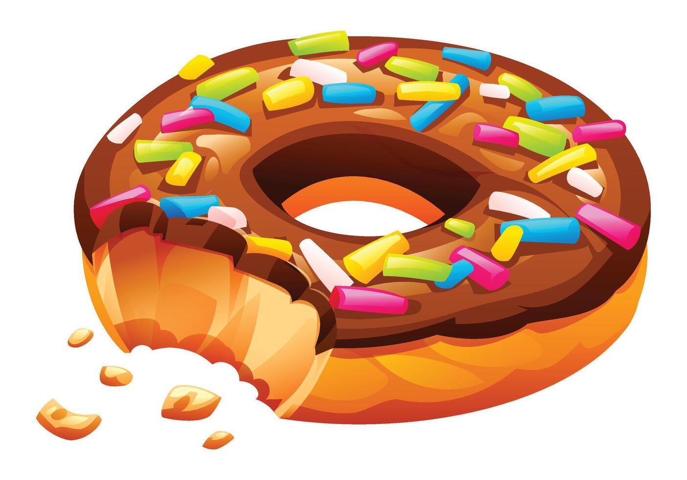Tempting chocolate frosted donut with colorful sprinkles and a missing bite, showing its delicious soft interior. Cartoon illustration vector