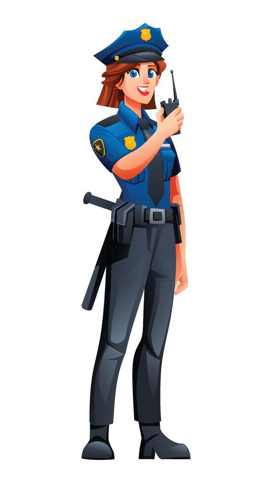 Female police officer using walkie-talkie for communication. Cartoon character illustration vector