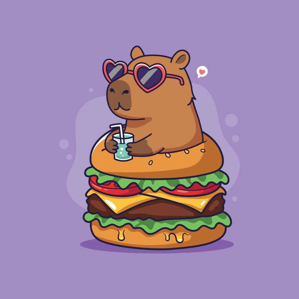 Cute Capybara Enjoying a Burger and Drink and sunglasses. illustration. vector
