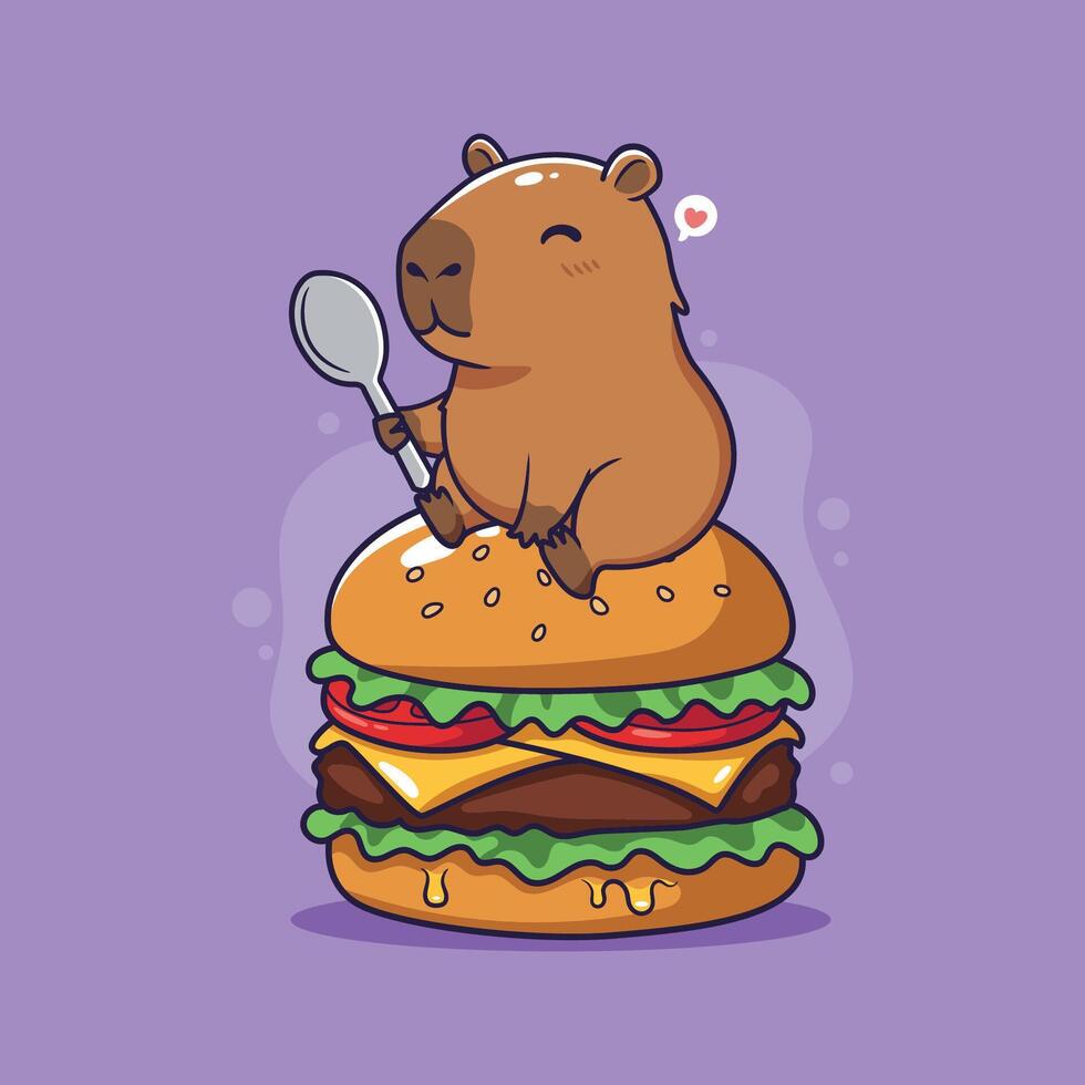 Cute cartoon capybara enjoying a big hamburger. illustration. vector