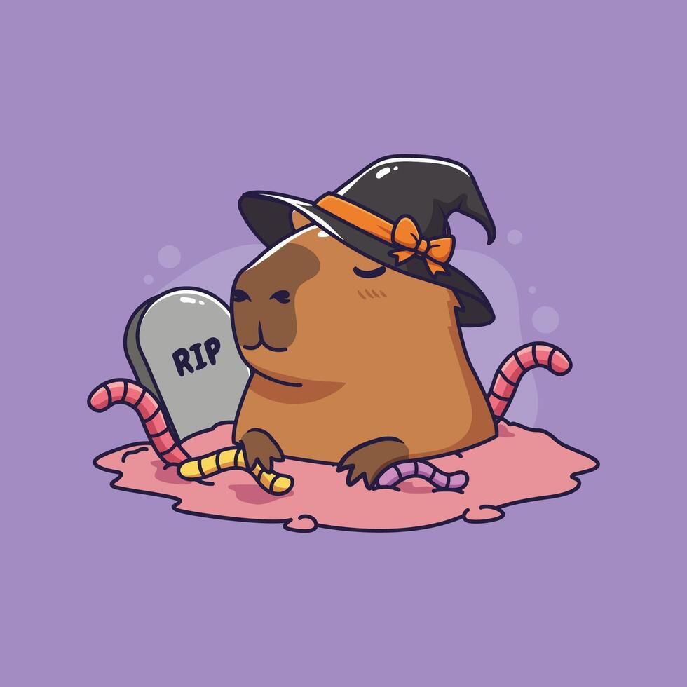 cute capybara wearing halloween witch hat in graveyard. illustration vector