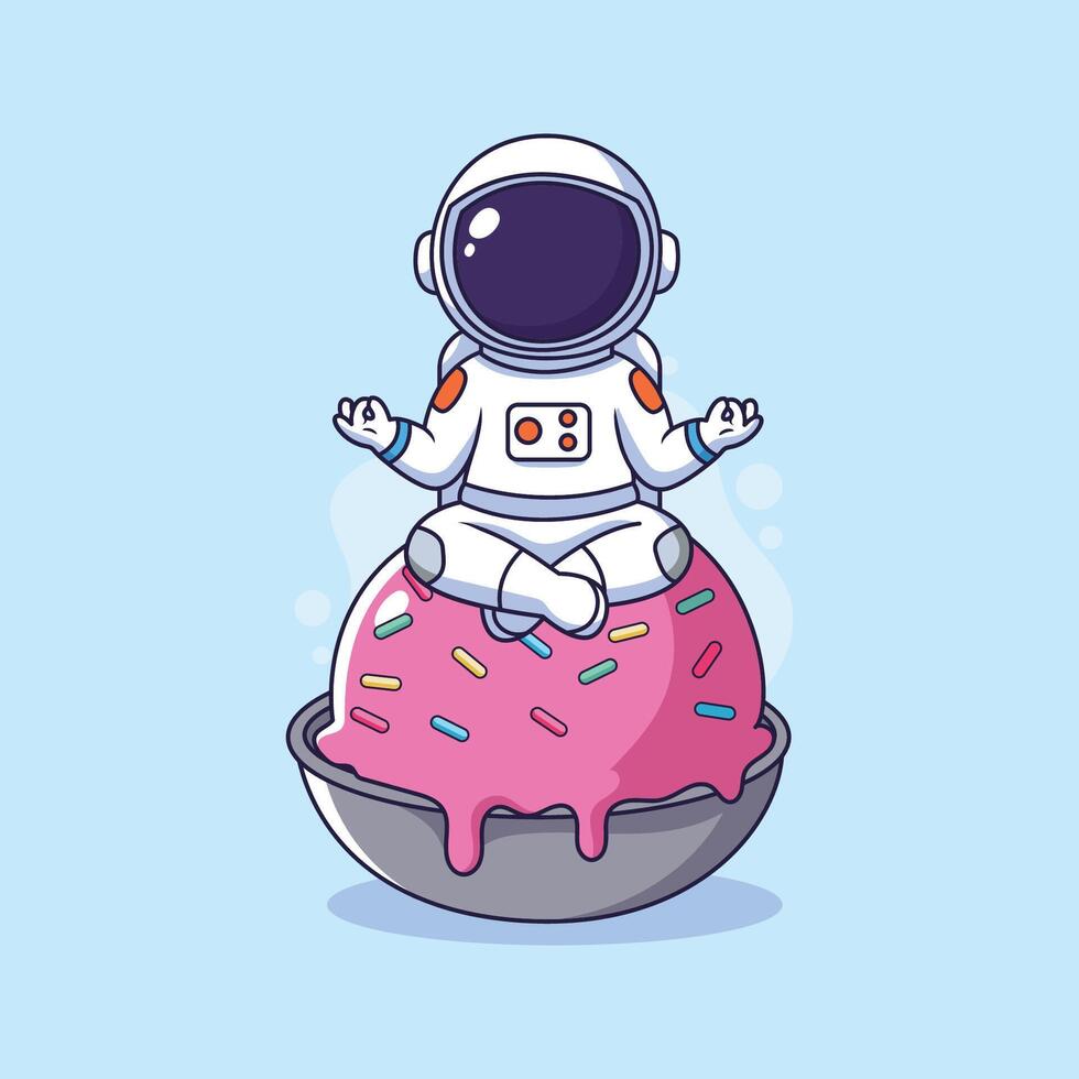 Cute Astronaut Meditating on a Donut Ice Cream in Space illustration vector