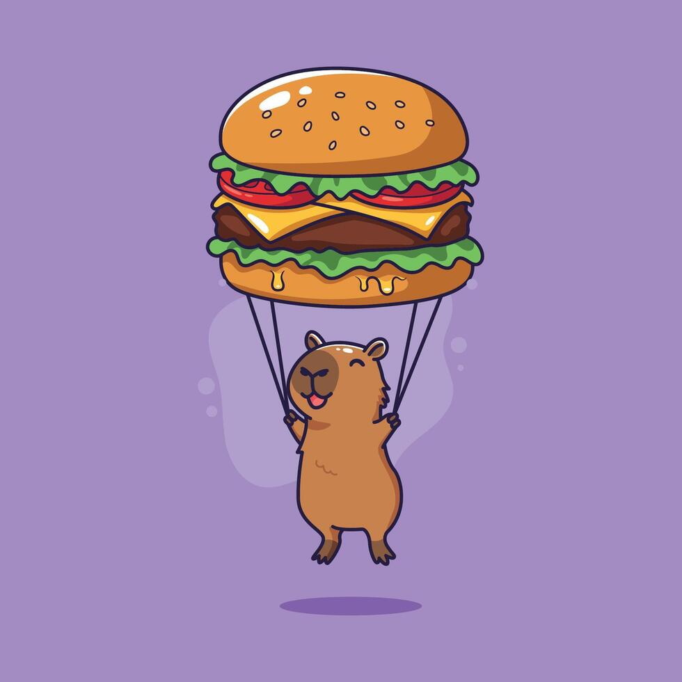 Cute Capybara Parachuting with a Giant Burger illustration. vector