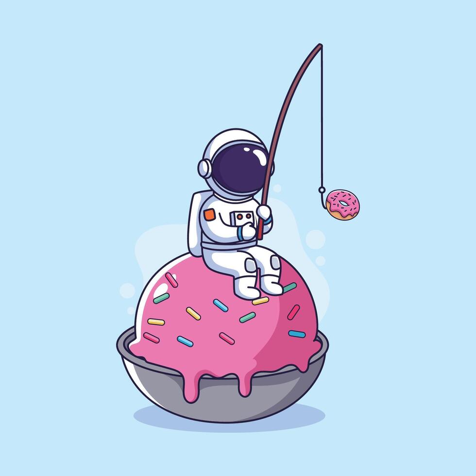 Cute Astronaut fishing for a donut on a giant ice cream dessert. illustration vector