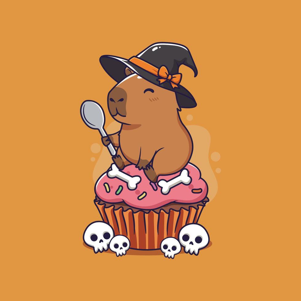 Cute Capybara Witch on a Halloween Cupcake. illustration vector