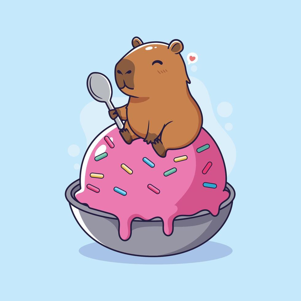Cute capybara eating ice cream in a bowl. illustration. vector