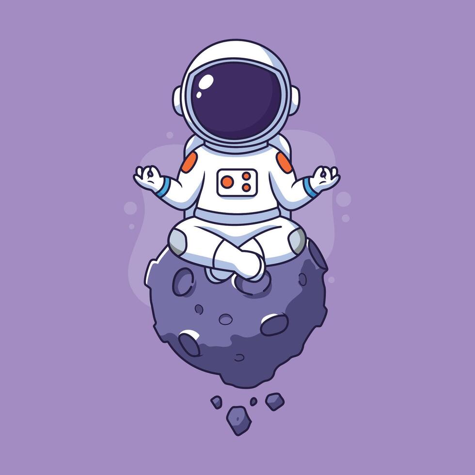 Cute Astronaut Meditating in Space on an Asteroid illustration. vector