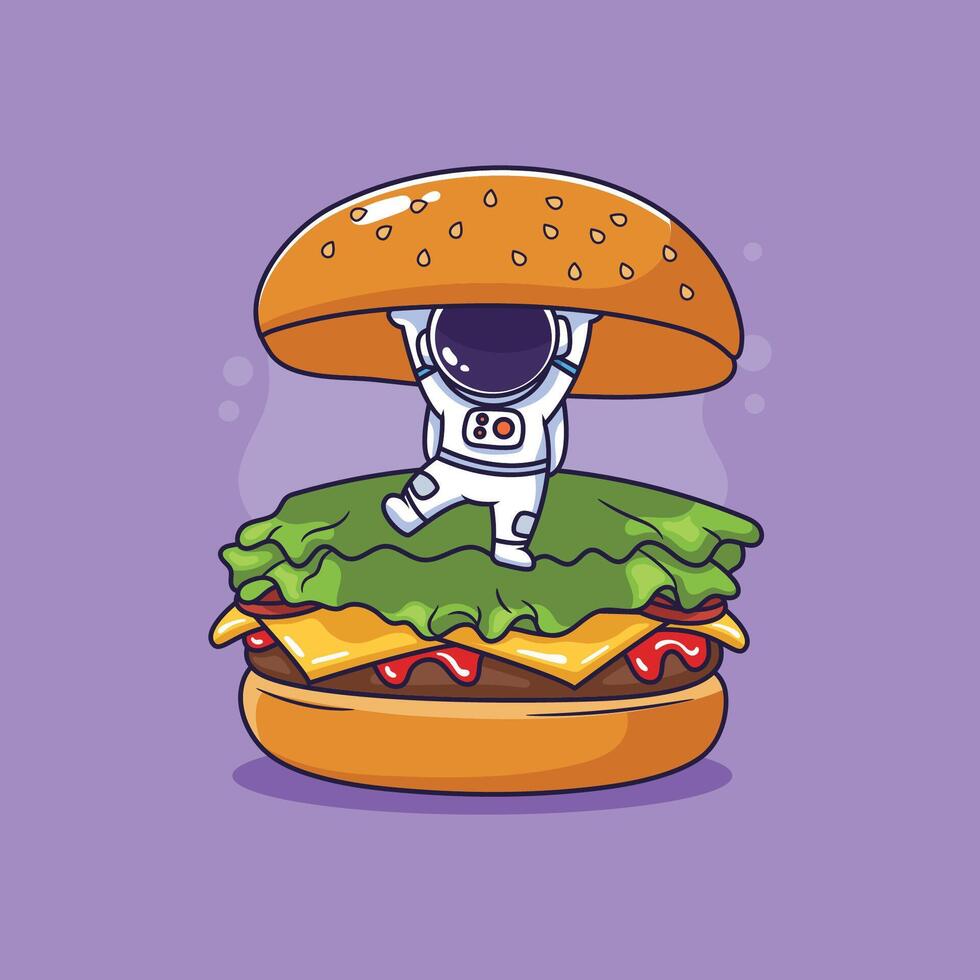 Hamburger with astronaut. illustration in cartoon style isolated on purple background. vector