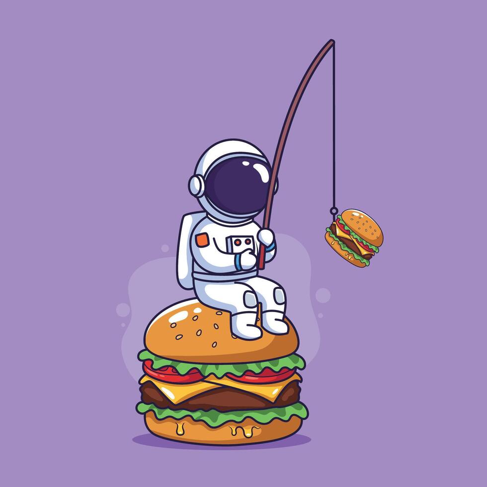 Cute Astronaut fishing for a burger in space illustration vector