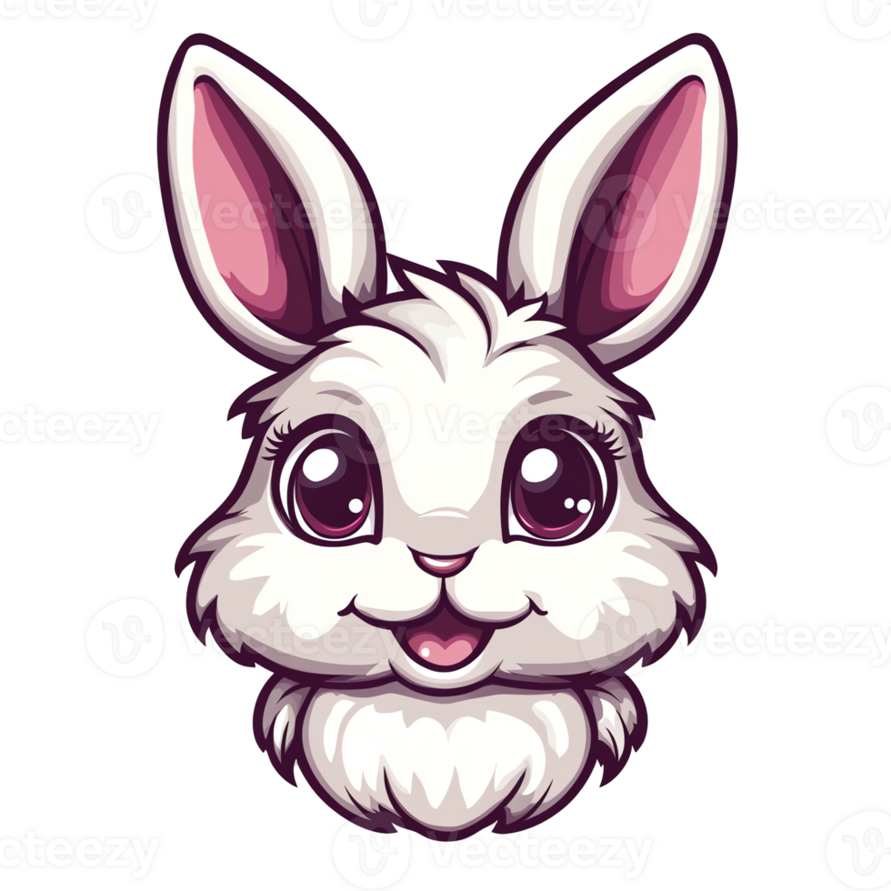 Adorable Cartoon White Bunny Rabbit Head, Big Eyes, Happy Expression, Cute Animal Illustration png