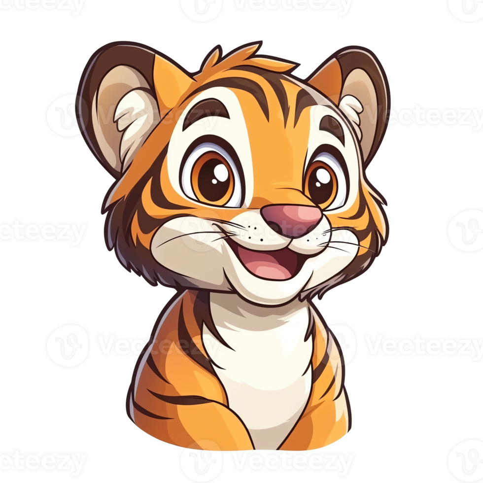 Adorable Cartoon Baby Tiger Cub Headshot Perfect for Children's Books, Illustrations, and Cute Designs. Features big, expressive eyes, playful smile, and charming orange and black stripes. png