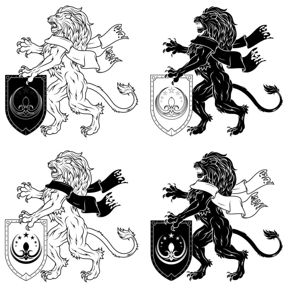 Rampant lion with ribbon and medieval shield, heraldic feline of European royalty vector