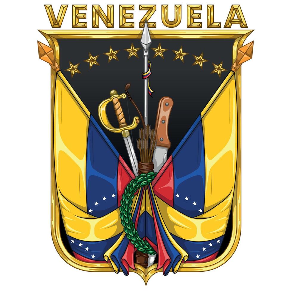 Venezuela independence symbol with sword, spear, machete, bow, arrow. Venezuela flags framed with a shield vector