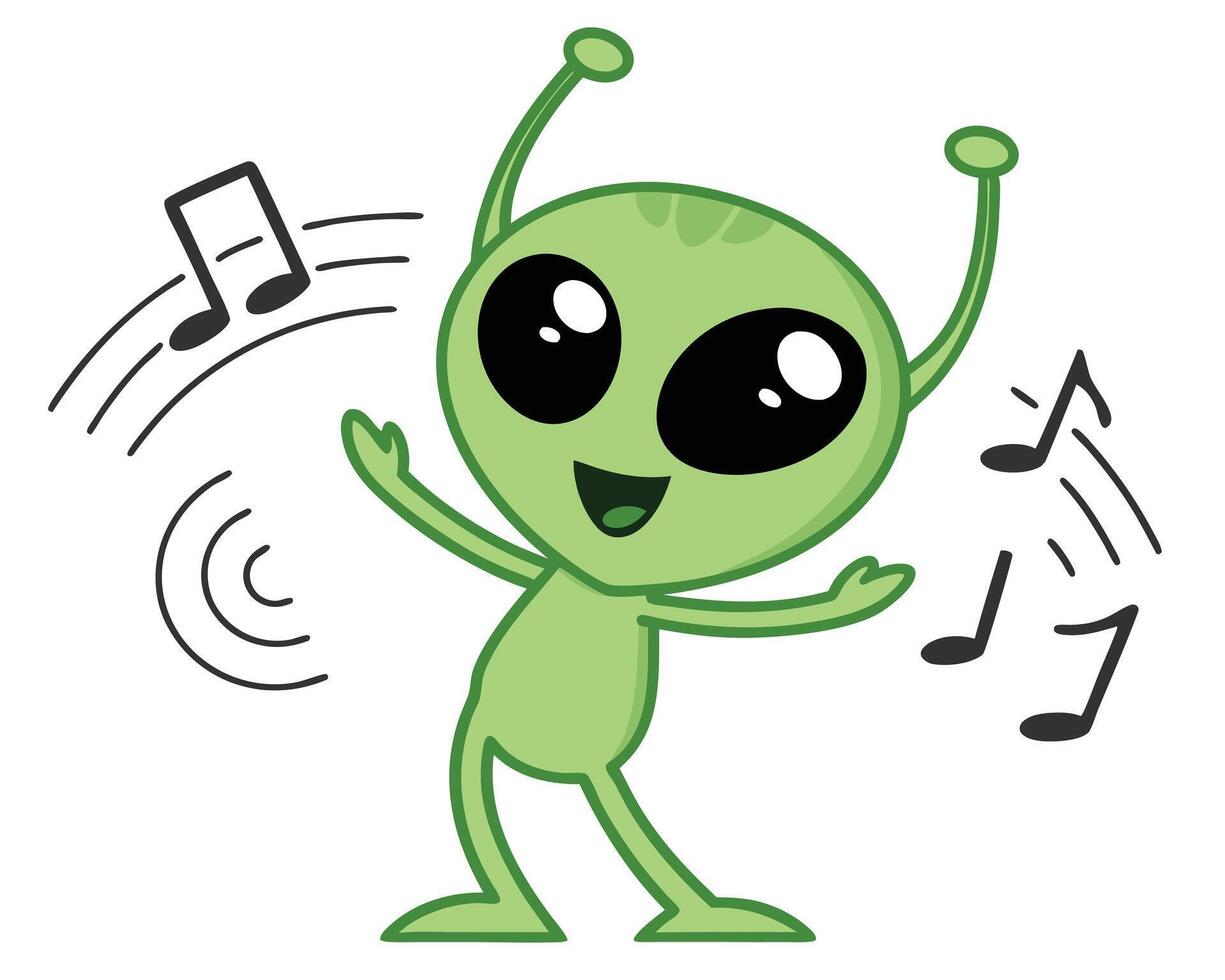 Cheerful green alien dancing and enjoying music with animated musical notes on a white background vector