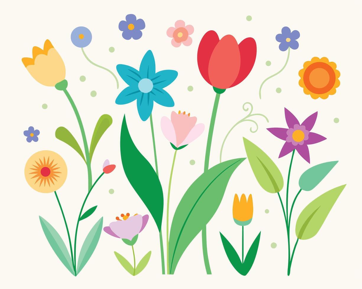 Colorful garden flowers with various shapes and colors arranged on a light cream background vector