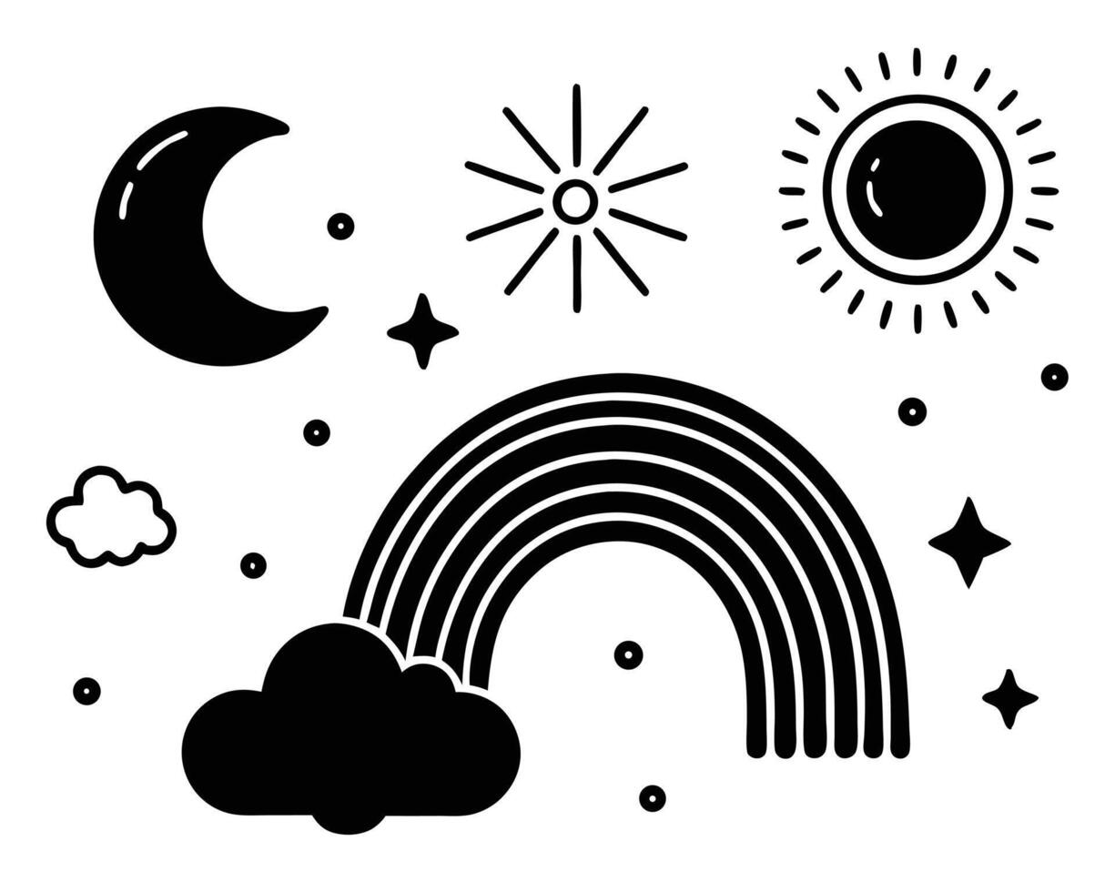 Hand drawn black and white celestial elements including rainbow moon stars and clouds illustration vector
