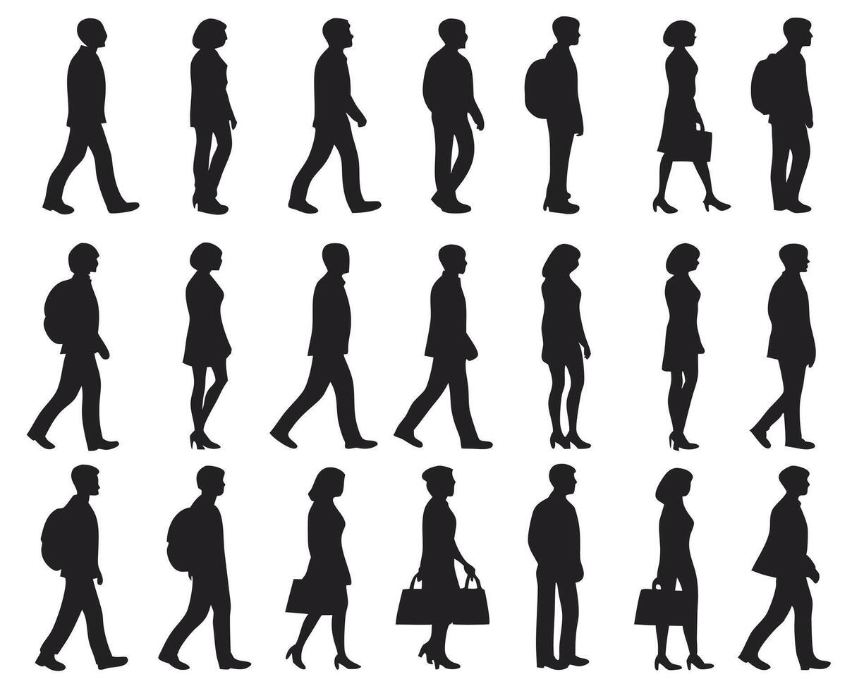 Silhouetted people walking in various styles showing diverse figures and carrying accessories. vector