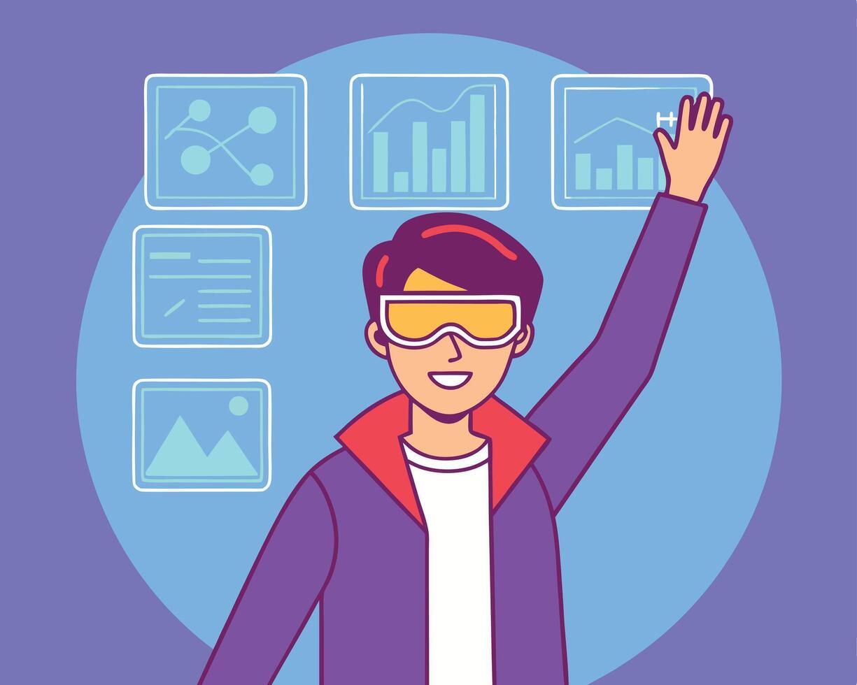 Futuristic man interacting with digital interface using augmented reality glasses for data analysis vector